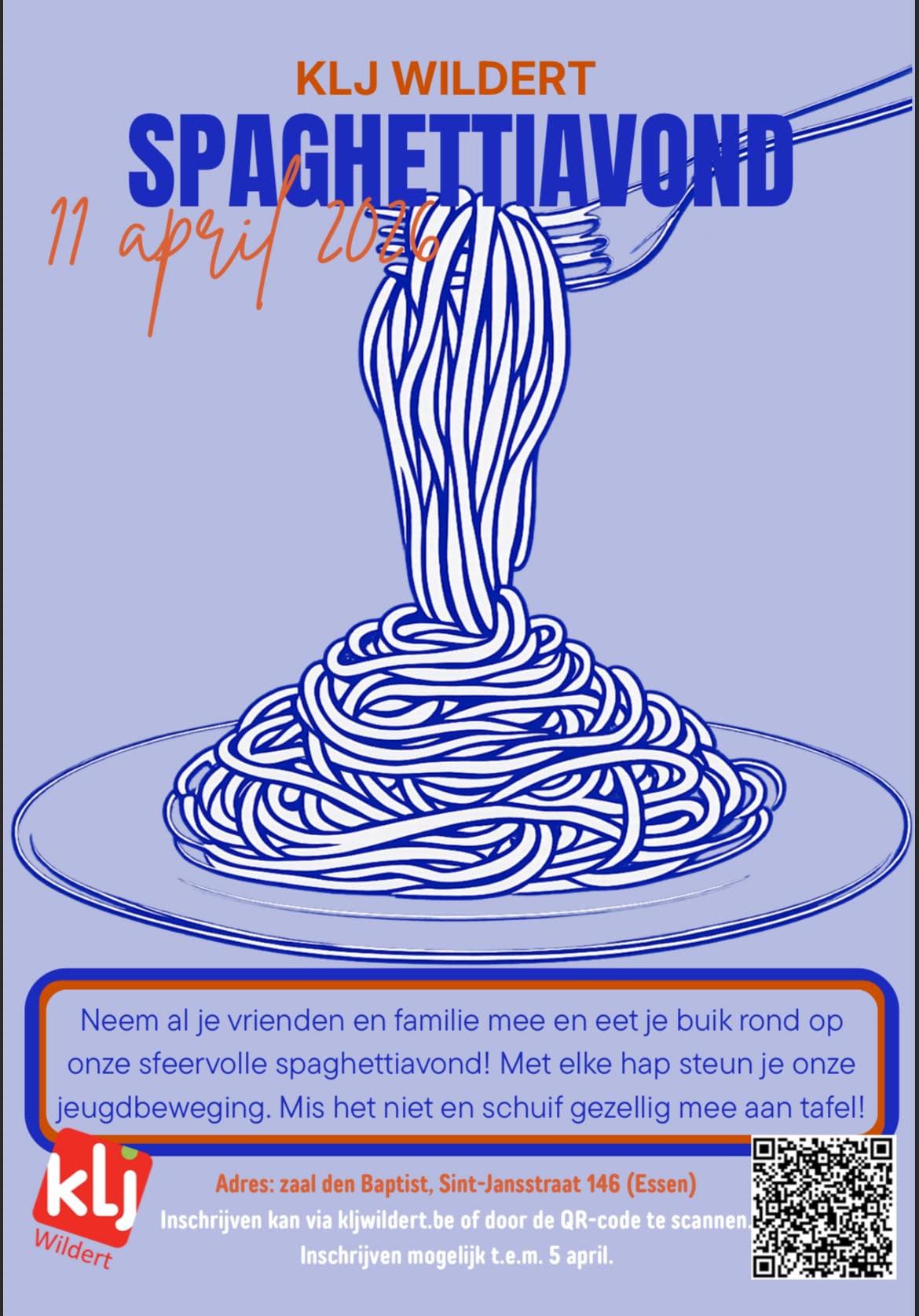 Flyer spaghettiavond KLJ Wildert, 11 april 2026 in zaal den Baptist